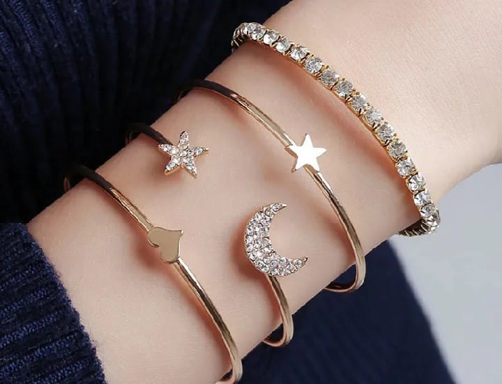 4PCS Set Open Bangle Delicate Star Moon Crystal Bracelet For Women Charm Jewelry Gifts